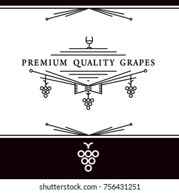 Vector premium quality grapes sign on white background and simple wine vine icon on black background for use on wine labels