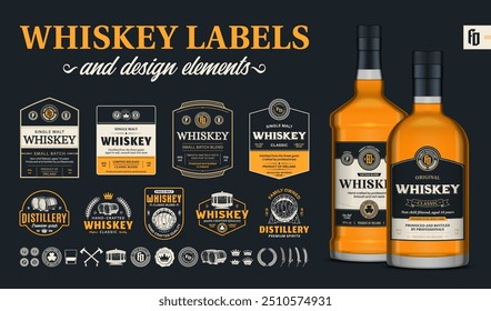 Etiquetas de whisky de calidad premium de Vector sobre un fondo oscuro. Maquetas realistas de botella de vidrio de whisky. Marca de destilería y Elementos de diseño de identidad