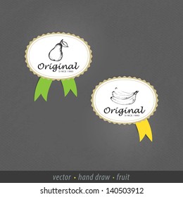 Vector premium rating ribbons. Simple, clean ribbons with hand-drawed fruit for presentation, product cover or website. Fresh natural colors. Natural and bio concept. 