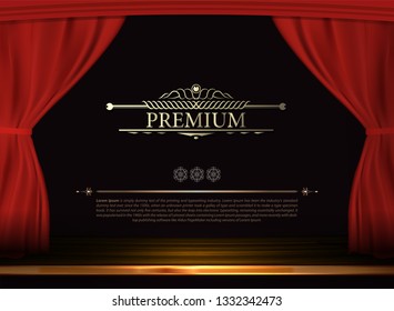 Vector Premium red curtains in theater or opera. Dark red curtain scene gracefully for text. Elegance vector backdrop for poster. Classic podium