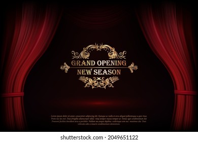 Cortinas rojas Vector Premium en teatro o ópera. Escena de cortina roja oscura elegante con texto simple. Elegancia vectorial fondo para afiches. Podio clásico