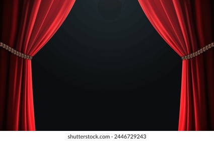 Vector Premium red curtains in theater or opera. Dark red curtain scene gracefully for text. Elegance vector backdrop for poster. Classic podium