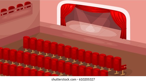 Vector Premium red curtains in theater or opera. Dark red curtain scene.Classic podium. and empty auditorium. Theater interior  inside