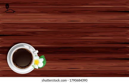 Vector premium red mahogany or teak wood texture board background with hot coffee and flowers, logo vector illustration 