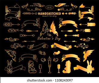 Vector premium set of golden arrows, index, flags with lovely arts. Ornate and silhouette options, perfect for 14 february, Valentine’s day design