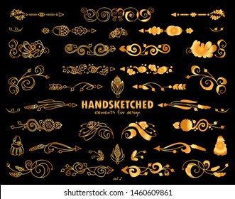 Vector premium set of golden arrows, indexes, dividers, flowers, ear of wheat elements. Hand drawn calligraphic elements for design. Ornate and silhouette options