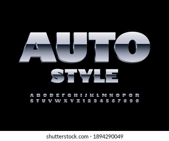 Vector premium sign Auto Style. Metallic Glossy Font. Chrome 3D Alphabet Letters and Numbers set