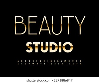 Vector premium Sign Beauty Studio. Stylish Golden Font. Set of artistic Alphabet Letters and Numbers set