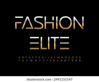 Vector premium sign Fashion Elite. Unique Slim Font. Trendy Gold Alphabet Letters and Numbers set.