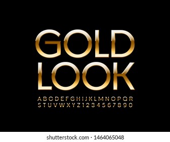 Vector premium sign Gold Look. Chic Uppercase Font. Shiny elite Alphabet Letters and Numbers