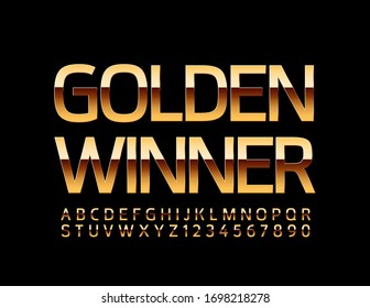 Vector premium sign Golden Winner. Shiny chic Font. Luxury Alphabet Letters and Numbers