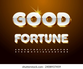 Vector premium sign Good Fortune. White and Gold exclusive Font. Luxury Alphabet Letters and Numbers set. 