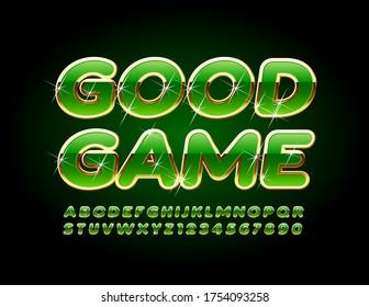 Vector premium sign Good Game with Sparkling Font. Gold and Green Alphabet Letters and Numbers with Stars
