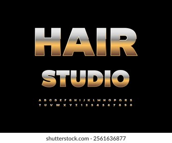 Vector premium sign Hair Studio. Glamour Golden Font. Modern Cool Alphabet Letters and Numbers set.