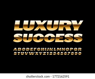 Vector premium sign Luxury Success with Gold modern Font. Elite shiny Alphabet Letters and Numbers
