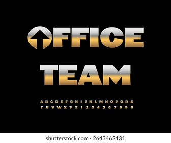Vector Premium sign Equipo de oficina con flecha metálica. Fuente de oro de élite. Conjunto de letras y números de alfabeto de lujo moderno.