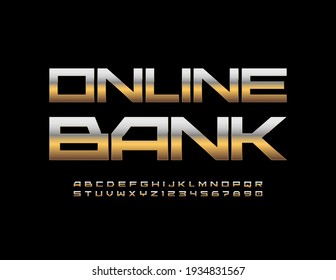 Vector Premium Sign Online Bank. Techno Style Font. Metallic Gold Alphabet Letters And Numbers Set