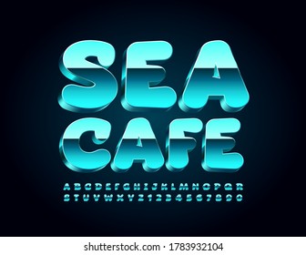 Vector premium sign Sea Cafe. Light Blue 3D Metallic Font. Reflective Alphabet letters and Numbers
