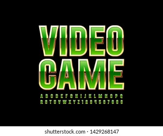 Vector premium sign Video Game. Golden and Green elite Font. Uppercase elegant Alphabet Letters and Numbers