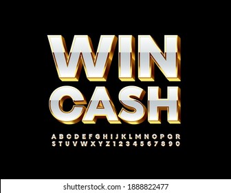 Vector Premium Sign Win Cash. 3D White And Gold Font. Luxury Alphabet Letters And Numbers Set
