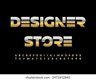Vector premium signboard Designer Store. Fuente de estilo futurista. Conjunto moderno de letras y números del alfabeto dorado.