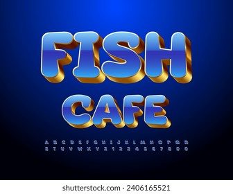 Vector premium Signboard Fish Cafe. 3D Gold and Blue Font. Uppercase Alphabet Letters and Numbers set