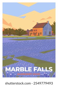 Vector premium travel poster. An abandoned old village house stands in a field surrounded by blue flowers. Bluebonnet house.  Marble Falls, Texas, USA.