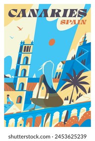 Vector premium travel poster. Aesthetics of the Canary Islands. A girl looks towards the sea in Santa Cruz de Tenerife. National architecture and nature of the islands.