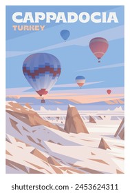 Vector premium travel poster. Air balloons in the sky over Cappadocia, Turkey. Early winter.