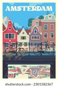 Vector premium travel poster.  Amsterdam's main street with ancient houses, water canals, bridges, and bicycles. Nederlands.