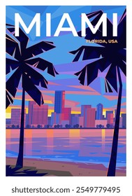 Cartel de viaje premium de Vector. Una playa en Miami, Florida. Neón, colores brillantes. Puesta de sol. Silueta de la ciudad en el horizonte. Palmeras y costa arenosa.