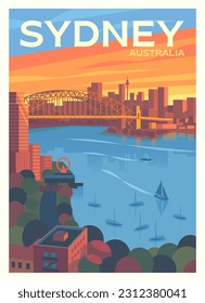 Vector premium travel poster. A beautiful evening view of Sidney Bay. Yachts, ships, Luna Park, Harbour Bridge. Port Jackson. Australia.