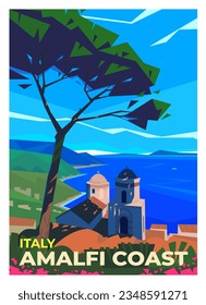 Vector premium travel poster. Beautiful sea view from Villa Rufolo. Amalfi Coast, Italy.