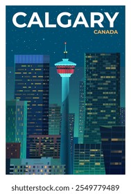 Vektor Premium Reiseplakat. Schöne Sicht auf den Turm von Calgary. Nachtstadt, Wolkenkratzer. Wahrzeichen der Provinz Alberta, Kanada.