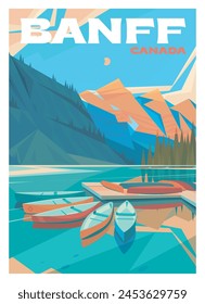 Vector premium travel poster. Boats at the dock on Lake Louise, Banff National Park, Canada. Incredible nature of the Rocky Mountains.