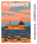 Vector premium travel poster. Breathtaking views of Florence at night. Florence Cathedral, Italy.