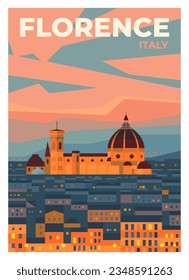 Vector premium travel poster. Breathtaking views of Florence at night. Florence Cathedral, Italy.