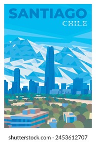 Vector póster de viaje premium. Una impresionante vista de la montaña del centro de Santiago, la capital de Chile. Rascacielos con el telón de fondo de los nevados Andes.