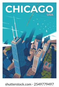 Vektor Premium Reiseplakat. Atemberaubende Aussicht auf die Wolkenkratzer der Stadt Chicago, Illinois, sowie Lake Michigan. Blick auf das John Hancock Center von oben.