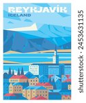 Vector premium travel poster. The buildings of Reykjavik against the backdrop of snow-capped mountains. Iceland.