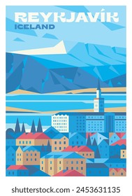 Vector premium travel poster. The buildings of Reykjavik against the backdrop of snow-capped mountains. Iceland.