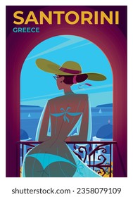 Afiche de viaje con descuento vectorial. Una mujer encantadora, vestida con un sombrero y un traje de baño, se alza en un balcón con vistas al hermoso mar Egeo. Sntorini, Grecia.