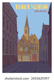 Vector premium travel poster. Vector premium travel poster. An evening view of the streets of Bruges, Belgium. Old classical European architecture.