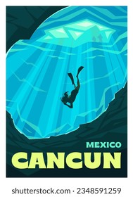 Vector premium travel poster. A girl snorkeling in one of the underwater caves. Scuba diving. Cenotes, Cancun, Mexico.