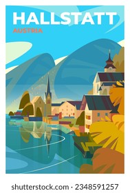 Vector premium travel poster. Incredible views of Lake Hallstetter, the town of Hallstatt and the mountains on a beautiful autumn day. Austria.