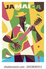 Vector premium travel poster. Jamaican Aesthetics. A street musician playing the guitar. Incredible nature of the island. A boat with a sail floating on the sea.