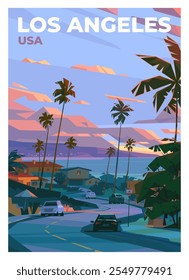 Vector premium travel poster. LA suburb vibe. Sunset sky, houses, cars, palm trees. Bright, saturated colors. Relaxing atmosphere. Los Angeles, California, USA.