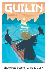 Vector póster de viaje premium. Un pescador solitario, junto con dos cormoranes negros, pesca cerca de Guilin, China.