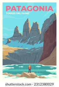 Vector premium travel poster. A man in a red jacket stands on the shore of a mountain lake in Torres Del Paine National Park. Chile.