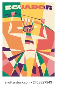 Vector póster de viaje premium. Un hombre disfrazado de carnaval baila en el Festival Inti Raymi Sun. Ecuador.